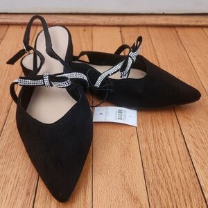 Ann Taylor Black Pointed Slingback Flats with Crystal Bow Detail